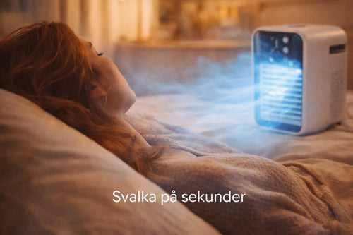 Kvinna svalkar sig i sängen framför Vindren L8 luftkylare