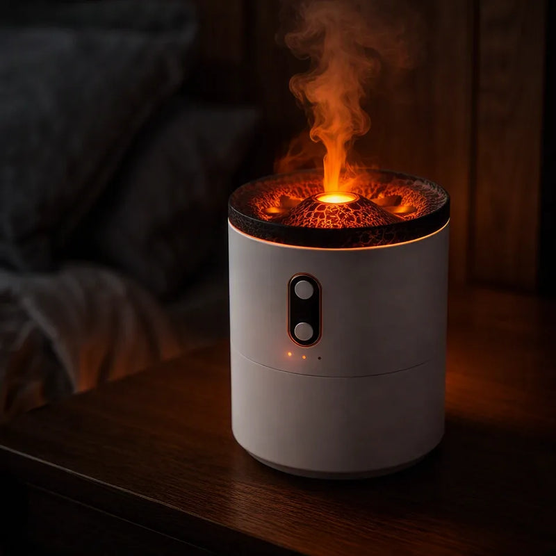 Vindren Volcanic Flame med orange flameffekt på ett träbord