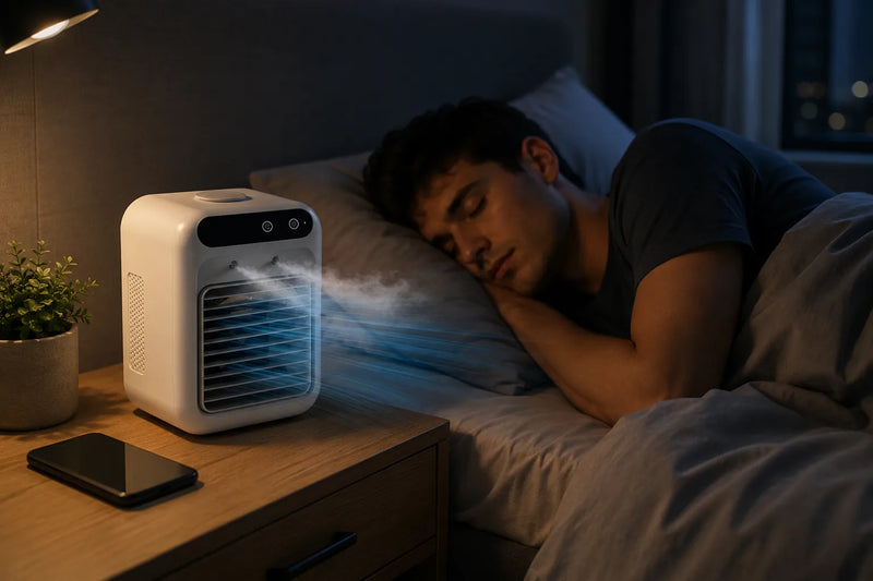 Man sover medan Vindren L8 luftkylare svalkar sovrummet
